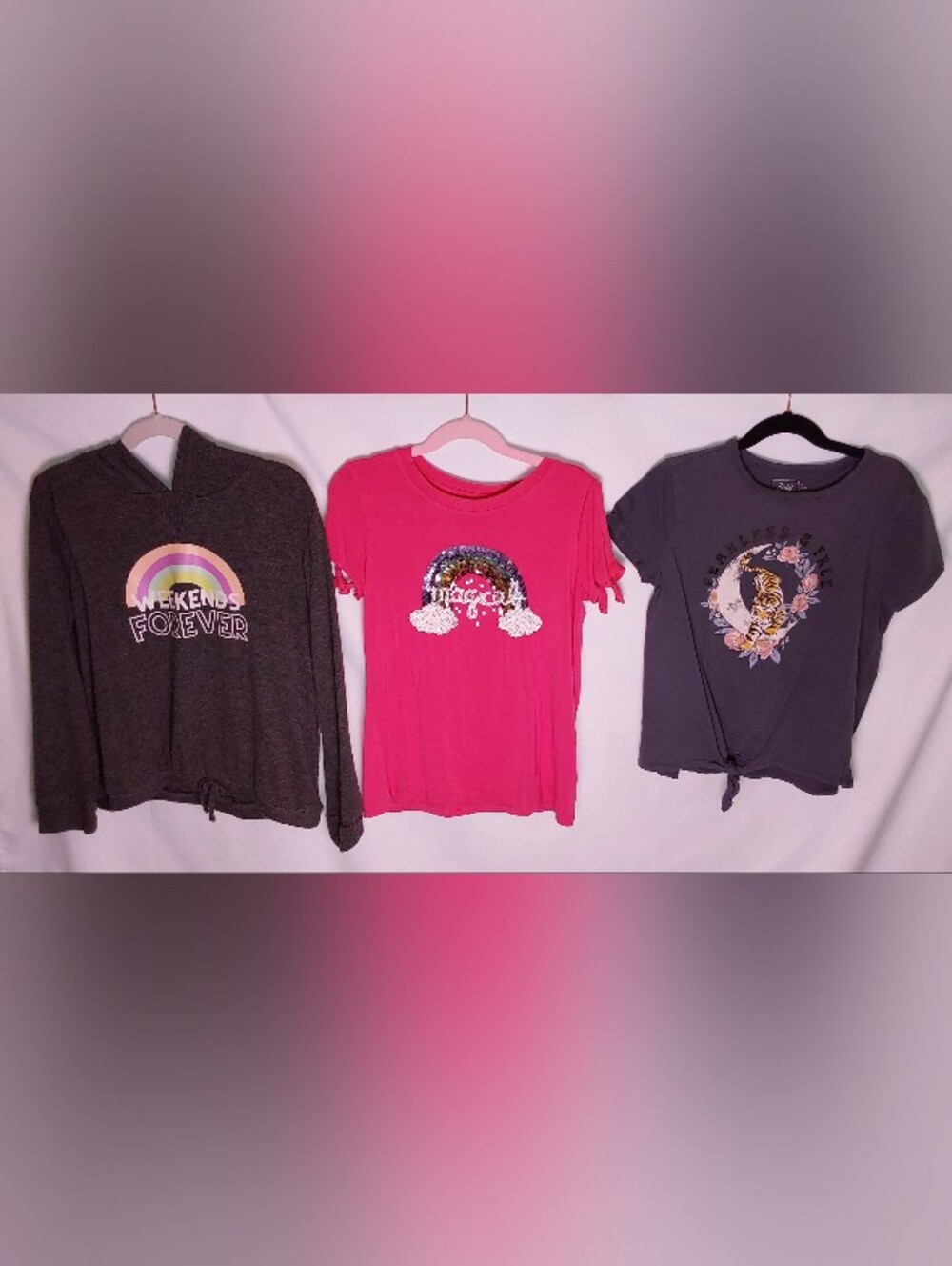 Girls Short-Sleeve Pink Sequin Rainbow Tee/ Gray Hoodie + Tie Front Tee Bundle